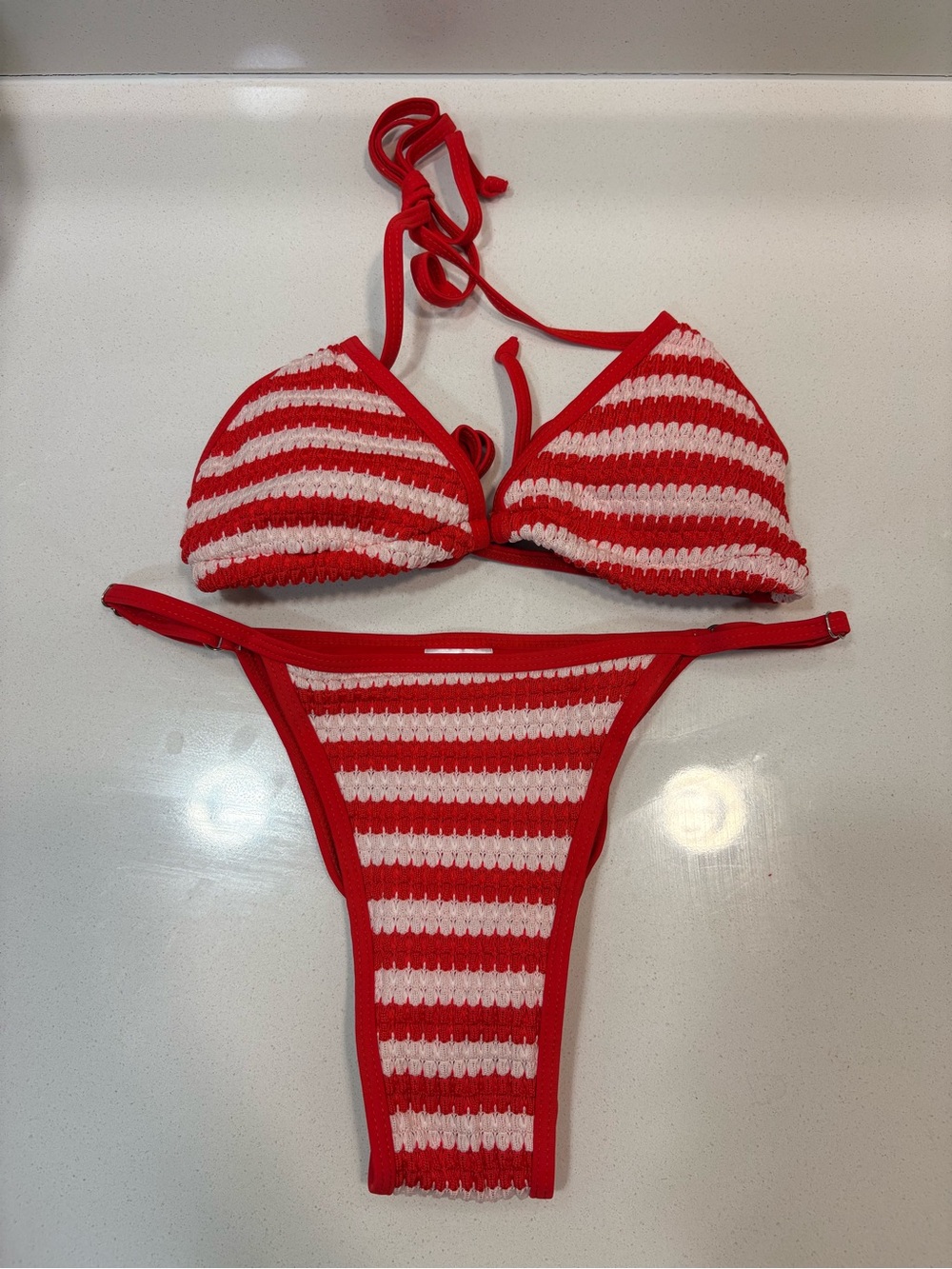 Red & White Striped Crochet Bikini Set